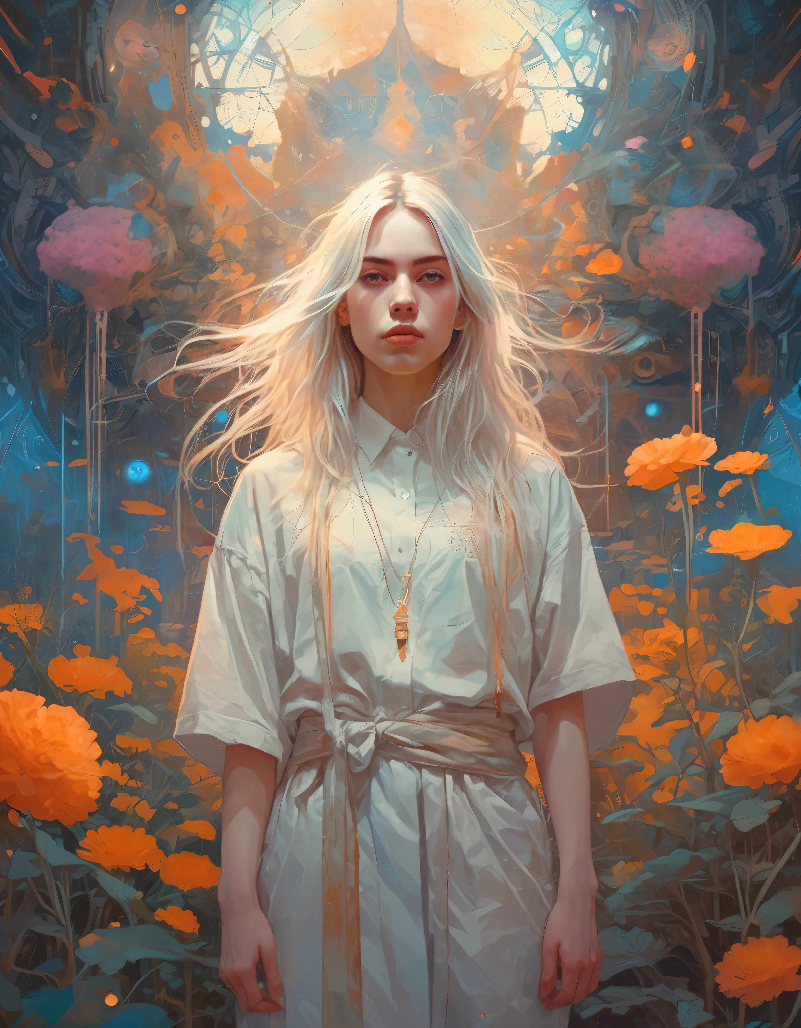 (Ohwx Woman) Very detailed, Digital paint, art station, standing, in front of the camera, Conceptual art, seeds, sharp focus, illustration, art by artgerm and alphonse mucha, high definition digital art, dramatic lighting, fractal networks in the background, al estilo de ilya kuvshinov y Ross tran