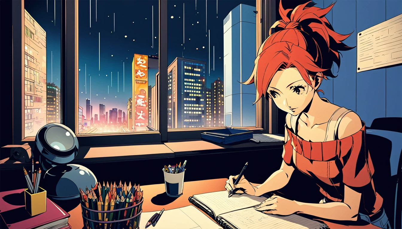 A nighttime cityscape serves as the backdrop for an anime-style illustration. The scene features a young woman sitting at a desk, writing in a notebook while studying. Rain is falling outside, with droplets visible on the window, and the city lights create a vibrant urban atmosphere. Inside the room, a desk lamp illuminates the woman and her workspace, casting a warm glow. The woman, styled in the characteristic look of manga artist Eguchi Hisashi, has long hair tied back in a ponytail and is dressed in a relaxed, off-shoulder top. She is focused on her notebook, writing with a pen. The desk is equipped with various items, including a cup filled with pencils and pens. The overall ambiance reflects a quiet, concentrated nighttime study session, highlighting both the tranquility of the city night and the woman's dedication.