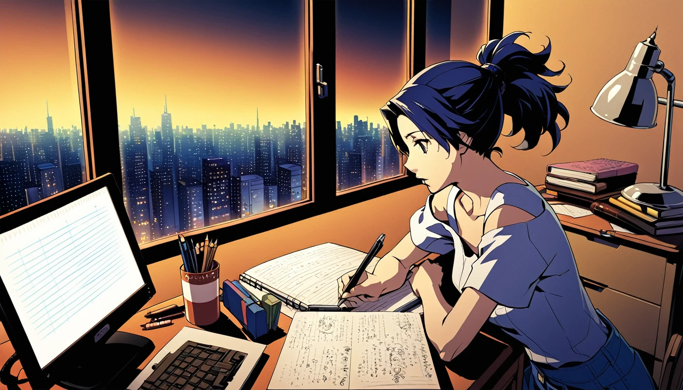 Un paisaje urbano nocturno sirve como telón de fondo para una ilustración de estilo anime.. La escena muestra a una mujer joven sentada en un escritorio., escribiendo en un cuaderno mientras estudio. Afuera está lloviendo, con gotitas visibles en la ventana, y las luces de la ciudad crean una atmósfera urbana vibrante. dentro de la habitación, Una lámpara de escritorio ilumina a la mujer y su espacio de trabajo., arrojando un cálido resplandor. La mujer, Diseñado con el estilo característico del artista de manga Eguchi Hisashi., Tiene el pelo largo atado en una cola de caballo y viste de manera relajada., top con hombros descubiertos. Ella está concentrada en su cuaderno., Escribiendo con un bolígrafo. El escritorio está equipado con varios elementos., Incluye una taza llena de lápices y bolígrafos.. El ambiente general refleja tranquilidad., Sesión de estudio nocturna concentrada, Destacando tanto la tranquilidad de la noche de la ciudad como la dedicación de la mujer..