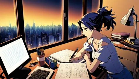 A nighttime cityscape serves as the backdrop for an anime-style illustration. The scene features a young woman sitting at a desk...