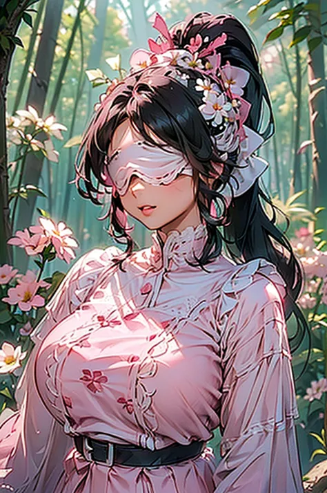 (((beautiful))), (((flower blindfold, eyes covered with flowers, cute white and pink outfit))), ((black hair, ponytail, chubby))...