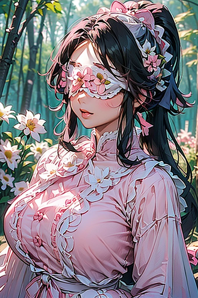 (((beautiful))), (((Flower blindfold, Eyes covered with flowers, Cute white and pink outfit))), ((Black Hair, ponytail, Chubby)), One Woman, Huge Saggy Tits, Glowing Skin, (((Intricate details))), High resolution, ((Intricate details, Ultra-detailed)), whole body, Are standing, Red cheeks, Mouth open, in the forest