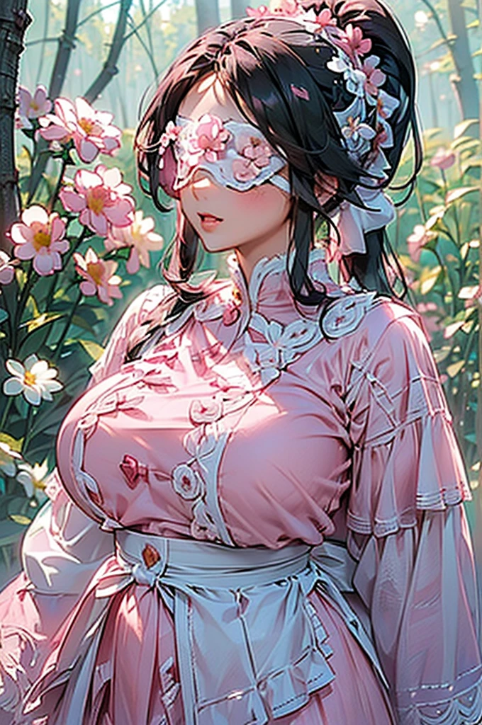 (((beautiful))), (((Flower blindfold, Eyes covered with flowers, Cute white and pink outfit))), ((Black Hair, ponytail, Chubby)), One Woman, Huge Saggy Tits, Glowing Skin, (((Intricate details))), High resolution, ((Intricate details, Ultra-detailed)), whole body, Are standing, Red cheeks, Mouth open, in the forest