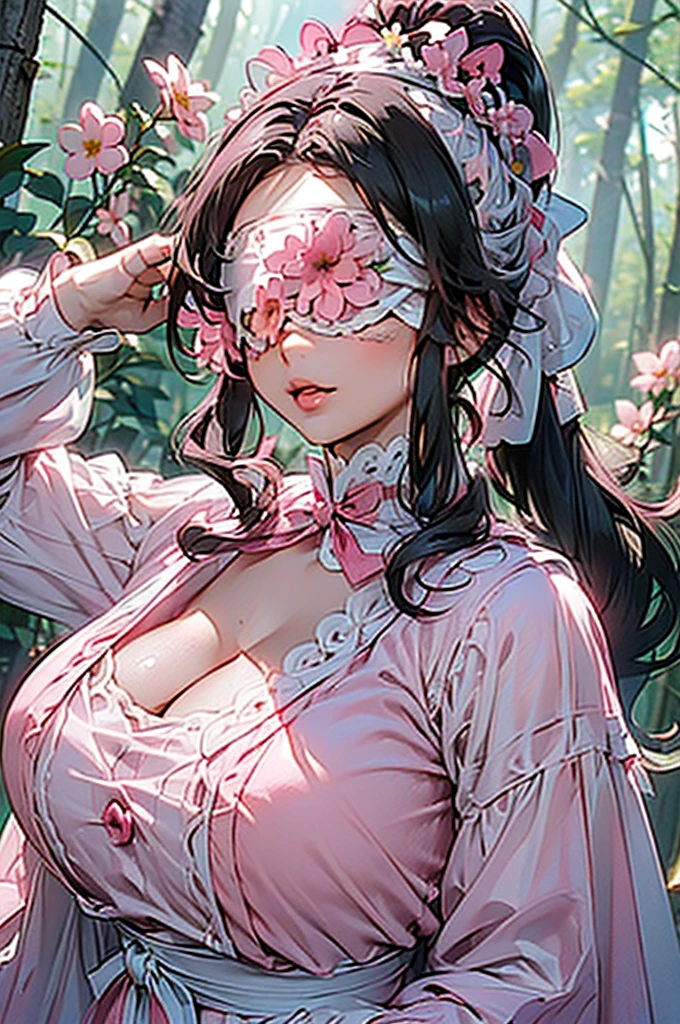 (((beautiful))), (((Flower blindfold, Eyes covered with flowers, Cute white and pink outfit))), ((Black Hair, ponytail, Chubby)), One Woman, Huge Saggy , Cleavage, Glowing Skin, (((Intricate details))), High resolution, ((Intricate details, Ultra-detailed)), whole body, Are standing, (looking at viewer, look at viewer), Red cheeks, Mouth open, in the forest