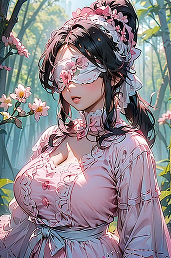 (((beautiful))), (((Flower blindfold, Eyes covered with flowers, Cute white and pink outfit))), ((Black Hair, ponytail, Chubby)), One Woman, Huge Saggy , Cleavage, Glowing Skin, (((Intricate details))), High resolution, ((Intricate details, Ultra-detailed)), whole body, Are standing, (looking at viewer, look at viewer), Red cheeks, Mouth open, in the forest