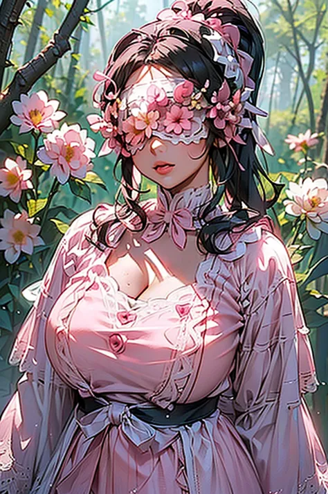 (((beautiful))), (((flower blindfold, eyes covered with flowers, cute white and pink outfit))), ((black hair, ponytail, chubby))...