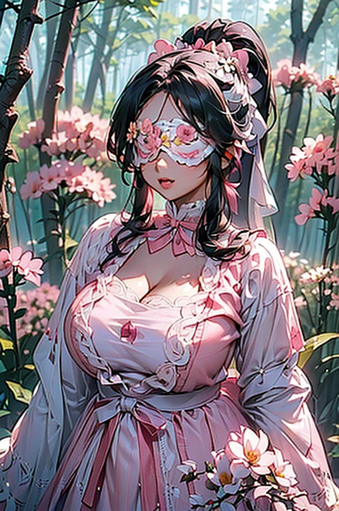 (((beautiful))), (((Flower blindfold, Eyes covered with flowers, Cute white and pink outfit))), ((Black Hair, ponytail, Chubby)), One Woman, Huge Saggy Tits, Cleavage, Glowing Skin, (((Intricate details))), High resolution, ((Intricate details, Ultra-detailed)), whole body, Are standing, (looking at viewer, look at viewer), Red cheeks, Mouth open, in the forest