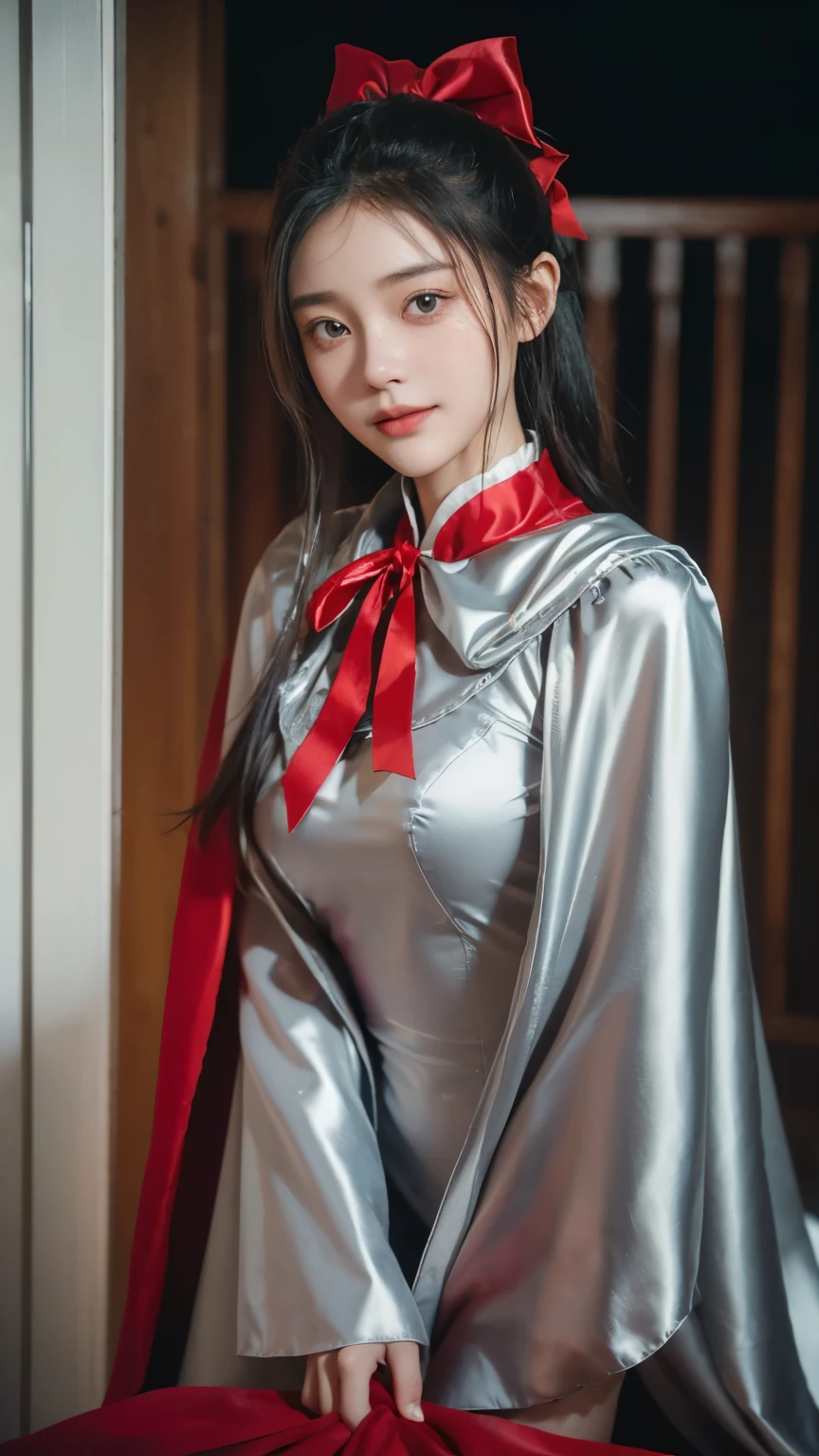 (RAW photos) , Detailed features , perfect face , perfect eyes , detailed eyes , (beautiful:1.50) , beautiful chinese girl in her 20s with long hair  in a ponytail , smiling , (((Long, voluminous, high-collared silver satin cape with red lining., Tied with a ribbon around the neck:1.10))) , Minidress , whole body, slight skin blemishes, A cunning smile, High quality surreal style, warm tone, soft lighting, detailed eyes, Subtle freckles, professional, representative , 8k , very detailed