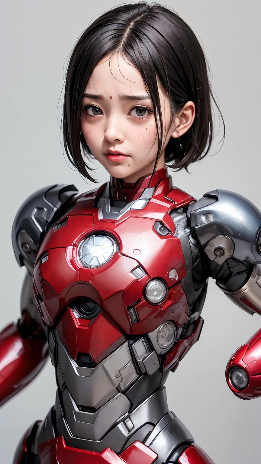 Highest quality　8k Iron Man Suit Girl　Kindergarten girl　Sweaty face　cute　short hair　boyish　Steam coming from the head　My hair is wet with sweat　Black hair feel　Full body portrait　My upper body is soaked　close your eyes　Nothing except the face is exposed　