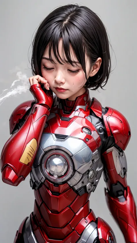 highest quality　8k iron man suit girl　kindergarten girl　sweaty face　cute　short hair　boyish　steam coming from the head　my hair is...