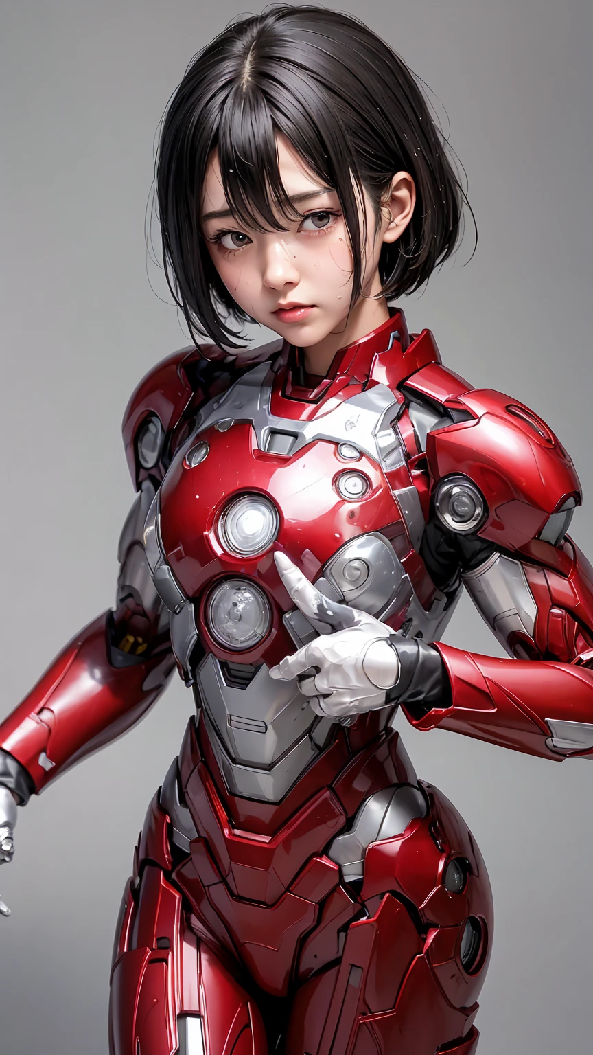 Highest quality　8k Iron Man Suit Girl　Kindergarten girl　Sweaty face　cute　short hair　boyish　Steam coming from the head　My hair is wet with sweat　Black hair feel　Full body portrait　My upper body is soaked　close your eyes　Nothing except the face is exposed　