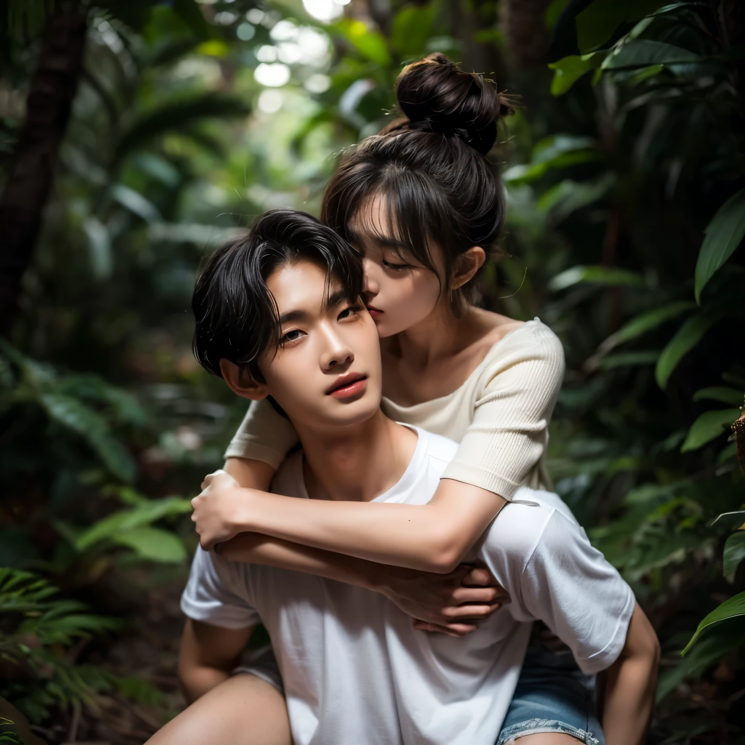 take close shot picture, Romantic couple, a young korean man wearing white tsirt, piggyback an indonesian woman, slightly chubby, bun hairstyle, wearing whie tsirt, short denim pants. kiss. in the dark tropical dense forest.