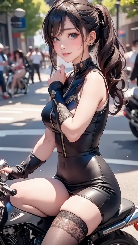 (girl riding a motorcycle:1.2),(random hairstyle),(Highest image quality,(8K), Ultra-realistic, Best Quality, High quality, High Definition, high quality texture, high detailing, Beautiful detailed, fine detailed, extremely details CG, Detailed texture, realistic representation of face, masterpiece, presence)