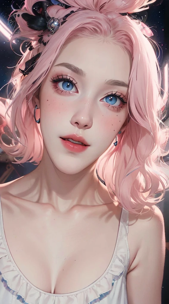 beautiful medium pink, blue colored eyes, pale skin, demon, claws, bangss, gothic art, full body shot shot, elegant pose, ssmile, Romanticism, work of art, anatomically correcte, high qualiy, super detaill, best qualityer, 4K, 8k, Perfect Woman, the most beautiful woman, her face has to be symmetrical and beautiful, baby pink hair, best qualityer final, beautfull woman, speech bubble, Galaxy,60s,70s,80s,colorfully,cosmo,space, detailed pink hair, delicate and well-detailed face,