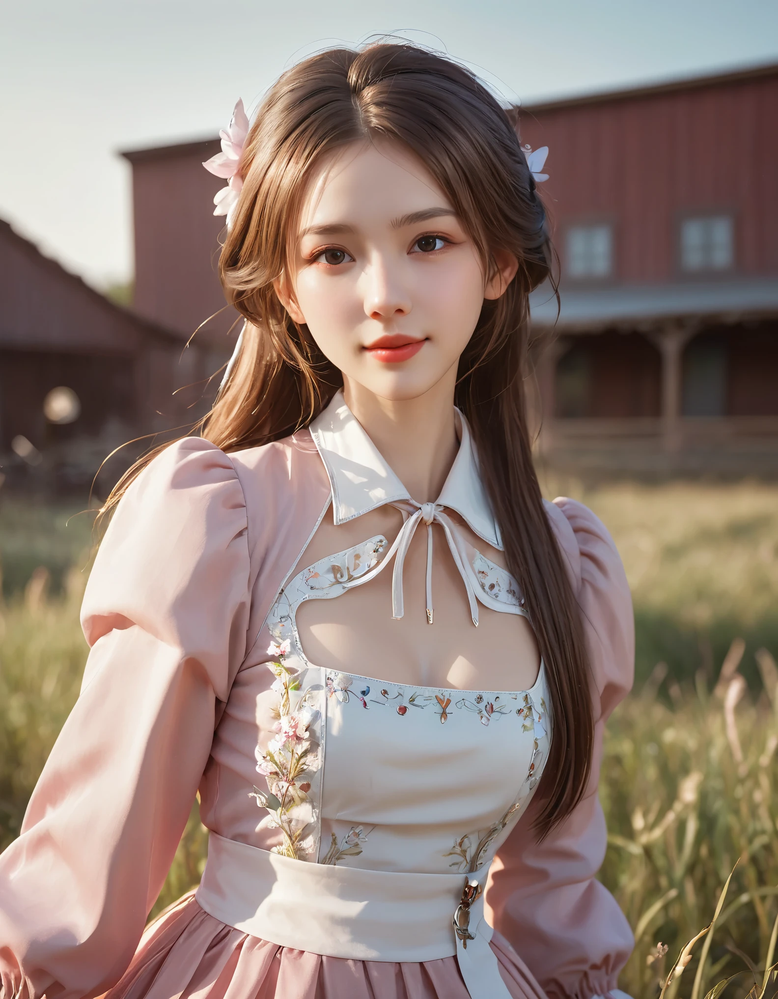 (masterpiece, best quality:1.4), (future days), (full of white flowers), (1girl), ((18 years old)), solo, (european youth:1), aerith gainsborough, choker, cropped jacket, hair bow, bracelet, (((red jaket))), (((pink dress))), brown boots, very long hair, hair ribbons, hair flowers, strapless red dress, high heels hyperrealistic, high detailed skin, dslr, soft lighting, high quality, highly detailed face, highly detailed skin, skin pores, subsurface scattering, realistic pupils, medium breast, full face blush, full lips, detailed background, depth of field, volumetric lighting, sharp focus, absurdres, realistic proportions, good anatomy, ((light smile)), ((looking at viewer)), ((cowboy shot)), (realistic, hyperrealistic:1.4), 16k hdr, medium breasts, show vagina, spread legs.