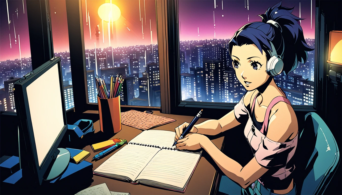 
A nighttime cityscape serves as the backdrop for an anime-style illustration. The scene features a young woman sitting at a desk, writing in a notebook while studying. Rain is falling outside, with droplets visible on the window, and the city lights create a vibrant urban atmosphere. Inside the room, a desk lamp illuminates the woman and her workspace, casting a warm glow. The woman, styled in the characteristic look of manga artist Eguchi Hisashi, has long hair tied back in a ponytail and is dressed in a relaxed, off-shoulder top. She is wearing white headphones, adding a modern touch to her appearance. She is focused on her notebook, writing with a pen. The desk is equipped with various items, including a cup filled with pencils and pens. The overall ambiance reflects a quiet, concentrated nighttime study session, highlighting both the tranquility of the city night and the woman's dedication.