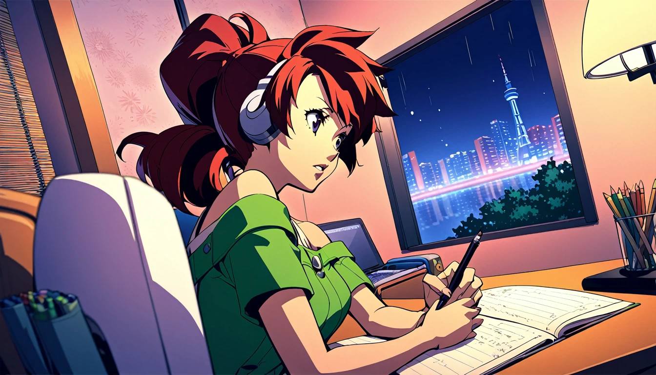 
A nighttime cityscape serves as the backdrop for an anime-style illustration. The scene features a young woman sitting at a desk, writing in a notebook while studying. Rain is falling outside, with droplets visible on the window, and the city lights create a vibrant urban atmosphere. Inside the room, a desk lamp illuminates the woman and her workspace, casting a warm glow. The woman, styled in the characteristic look of manga artist Eguchi Hisashi, has long hair tied back in a ponytail and is dressed in a relaxed, off-shoulder top. She is wearing white headphones, adding a modern touch to her appearance. She is focused on her notebook, writing with a pen. The desk is equipped with various items, including a cup filled with pencils and pens. The overall ambiance reflects a quiet, concentrated nighttime study session, highlighting both the tranquility of the city night and the woman's dedication.