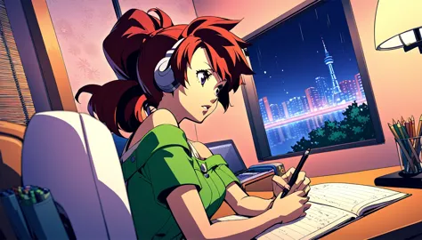 a nighttime cityscape serves as the backdrop for an anime-style illustration. the scene features a young woman sitting at a desk...