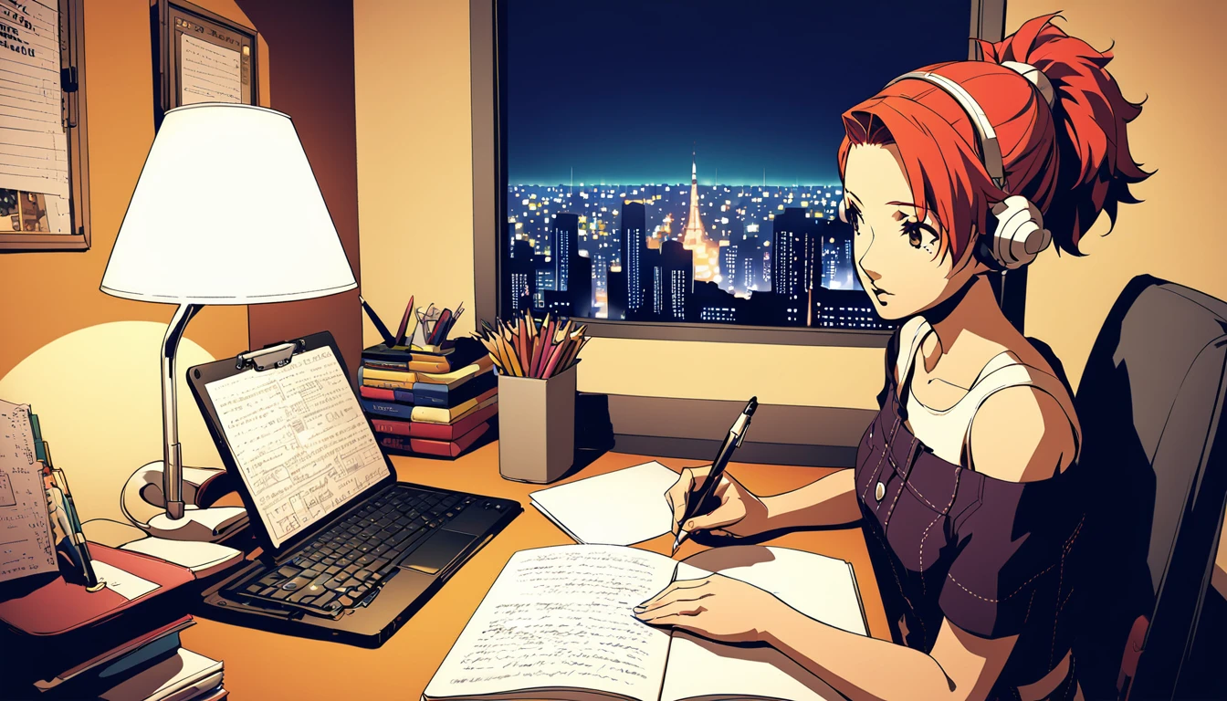 
A nighttime cityscape serves as the backdrop for an anime-style illustration. The scene features a young woman sitting at a desk, writing in a notebook while studying. Rain is falling outside, with droplets visible on the window, and the city lights create a vibrant urban atmosphere. Inside the room, a desk lamp illuminates the woman and her workspace, casting a warm glow. The woman, styled in the characteristic look of manga artist Eguchi Hisashi, has long hair tied back in a ponytail and is dressed in a relaxed, off-shoulder top. She is wearing white headphones, adding a modern touch to her appearance. She is focused on her notebook, writing with a pen. The desk is equipped with various items, including a cup filled with pencils and pens. The overall ambiance reflects a quiet, concentrated nighttime study session, highlighting both the tranquility of the city night and the woman's dedication.