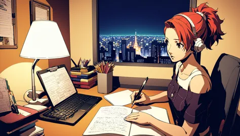 
A nighttime cityscape serves as the backdrop for an anime-style illustration. The scene features a young woman sitting at a des...