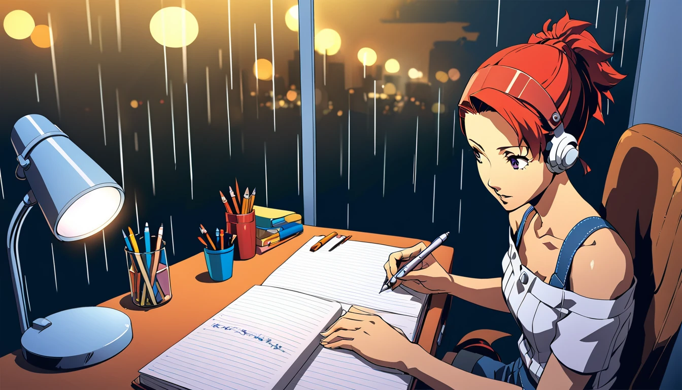 
Un paisaje urbano nocturno sirve como telón de fondo para una ilustración de estilo anime.. La escena muestra a una mujer joven sentada en un escritorio., escribiendo en un cuaderno mientras estudio. Afuera está lloviendo, con gotitas visibles en la ventana, y las luces de la ciudad crean una atmósfera urbana vibrante. dentro de la habitación, Una lámpara de escritorio ilumina a la mujer y su espacio de trabajo., arrojando un cálido resplandor. La mujer, Diseñado con el estilo característico del artista de manga Eguchi Hisashi., Tiene el pelo largo atado en una cola de caballo y viste de manera relajada., top con hombros descubiertos. Ella lleva auriculares blancos., Añadiendo un toque moderno a su apariencia.. Ella está concentrada en su cuaderno., Escribiendo con un bolígrafo. El escritorio está equipado con varios elementos., Incluye una taza llena de lápices y bolígrafos.. El ambiente general refleja tranquilidad., Sesión de estudio nocturna concentrada, Destacando tanto la tranquilidad de la noche de la ciudad como la dedicación de la mujer..