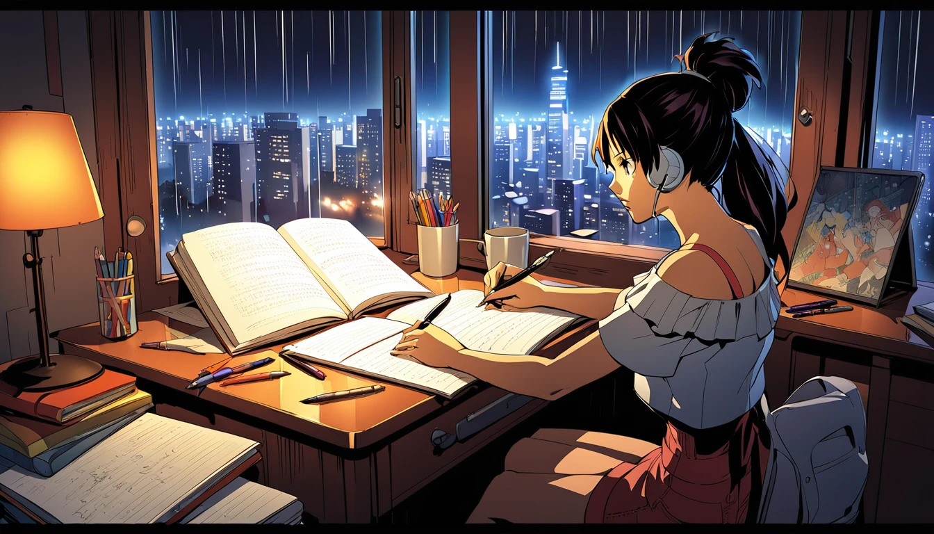 
Uma paisagem urbana noturna serve como pano de fundo para uma ilustração em estilo anime. A cena apresenta uma jovem sentada em uma mesa, escrevendo em um caderno enquanto estuda. Está chovendo lá fora, com gotas visíveis na janela, e as luzes da cidade criam uma atmosfera urbana vibrante. Dentro do quarto, uma luminária de mesa ilumina a mulher e seu espaço de trabalho, lançando um brilho quente. A mulher, estilizado no visual característico do mangaká Eguchi Hisashi, tem cabelos longos presos em um rabo de cavalo e está vestida de forma relaxada, top sem ombro. Ela está usando fones de ouvido brancos, adicionando um toque moderno à sua aparência. Ela está concentrada em seu caderno, Escrevendo com uma caneta. A mesa está equipada com vários itens, incluindo uma xícara cheia de lápis e canetas. A atmosfera geral reflete uma quietude, sessão de estudo noturna concentrada, destacando tanto a tranquilidade da noite da cidade quanto a dedicação da mulher.