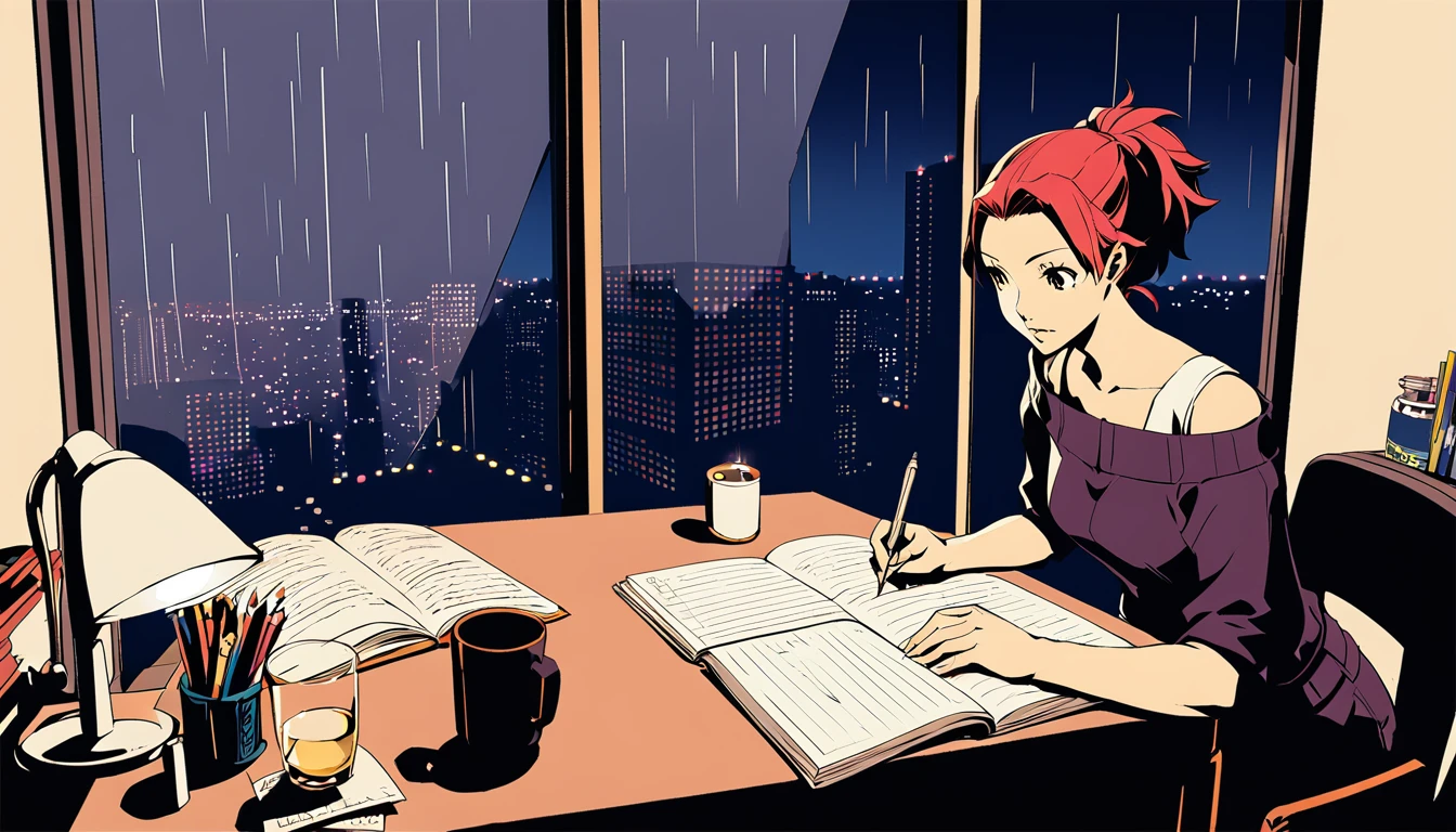 
A nighttime cityscape serves as the backdrop for an anime-style illustration. The scene features a young woman sitting at a desk, writing in a notebook while studying. Rain is falling outside, with droplets visible on the window, and the city lights create a vibrant urban atmosphere. Inside the room, a desk lamp illuminates the woman and her workspace, casting a warm glow. The woman, styled in the characteristic look of manga artist Eguchi Hisashi, has long hair tied back in a ponytail and is dressed in a relaxed, off-shoulder top. She is wearing white headphones, adding a modern touch to her appearance. She is focused on her notebook, writing with a pen. The desk is equipped with various items, including a cup filled with pencils and pens. The overall ambiance reflects a quiet, concentrated nighttime study session, highlighting both the tranquility of the city night and the woman's dedication.