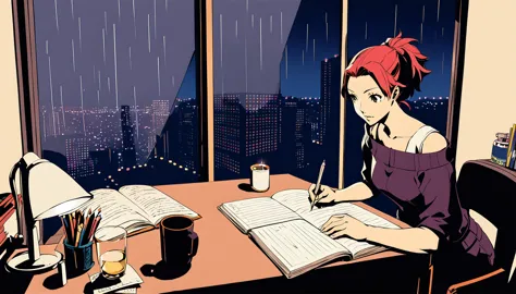 
A nighttime cityscape serves as the backdrop for an anime-style illustration. The scene features a young woman sitting at a des...