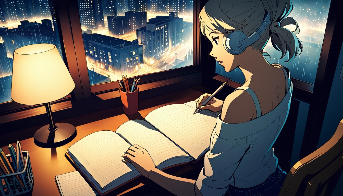 
A nighttime cityscape serves as the backdrop for an anime-style illustration. The scene features a young woman sitting at a desk, writing in a notebook while studying. Rain is falling outside, with droplets visible on the window, and the city lights create a vibrant urban atmosphere. Inside the room, a desk lamp illuminates the woman and her workspace, casting a warm glow. The woman, styled in the characteristic look of manga artist Eguchi Hisashi, has long hair tied back in a ponytail and is dressed in a relaxed, off-shoulder top. She is wearing white headphones, adding a modern touch to her appearance. She is focused on her notebook, writing with a pen. The desk is equipped with various items, including a cup filled with pencils and pens. The overall ambiance reflects a quiet, concentrated nighttime study session, highlighting both the tranquility of the city night and the woman's dedication.