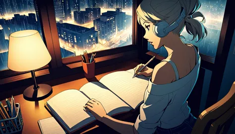 
A nighttime cityscape serves as the backdrop for an anime-style illustration. The scene features a young woman sitting at a des...