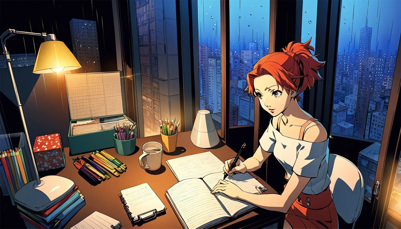 
A nighttime cityscape serves as the backdrop for an anime-style illustration. The scene features a young woman sitting at a desk, writing in a notebook while studying. Rain is falling outside, with droplets visible on the window, and the city lights create a vibrant urban atmosphere. Inside the room, a desk lamp illuminates the woman and her workspace, casting a warm glow. The woman, styled in the characteristic look of manga artist Eguchi Hisashi, has long hair tied back in a ponytail and is dressed in a relaxed, off-shoulder top. She is wearing white headphones, adding a modern touch to her appearance. She is focused on her notebook, writing with a pen. The desk is equipped with various items, including a cup filled with pencils and pens. The overall ambiance reflects a quiet, concentrated nighttime study session, highlighting both the tranquility of the city night and the woman's dedication.