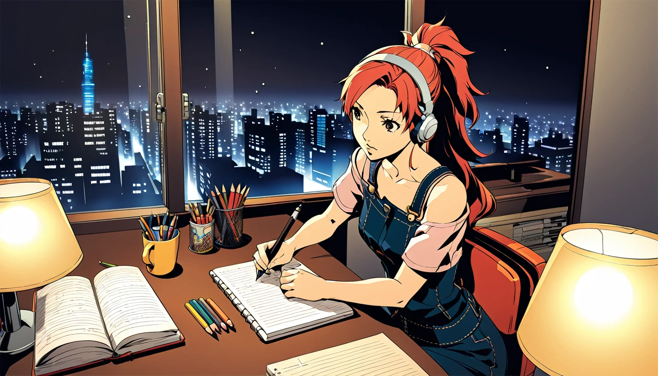 
A nighttime cityscape serves as the backdrop for an anime-style illustration. The scene features a young woman sitting at a desk, writing in a notebook while studying. Rain is falling outside, with droplets visible on the window, and the city lights create a vibrant urban atmosphere. Inside the room, a desk lamp illuminates the woman and her workspace, casting a warm glow. The woman, styled in the characteristic look of manga artist Eguchi Hisashi, has long hair tied back in a ponytail and is dressed in a relaxed, off-shoulder top. She is wearing white headphones, adding a modern touch to her appearance. She is focused on her notebook, writing with a pen. The desk is equipped with various items, including a cup filled with pencils and pens. The overall ambiance reflects a quiet, concentrated nighttime study session, highlighting both the tranquility of the city night and the woman's dedication.