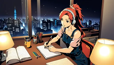 
A nighttime cityscape serves as the backdrop for an anime-style illustration. The scene features a young woman sitting at a des...