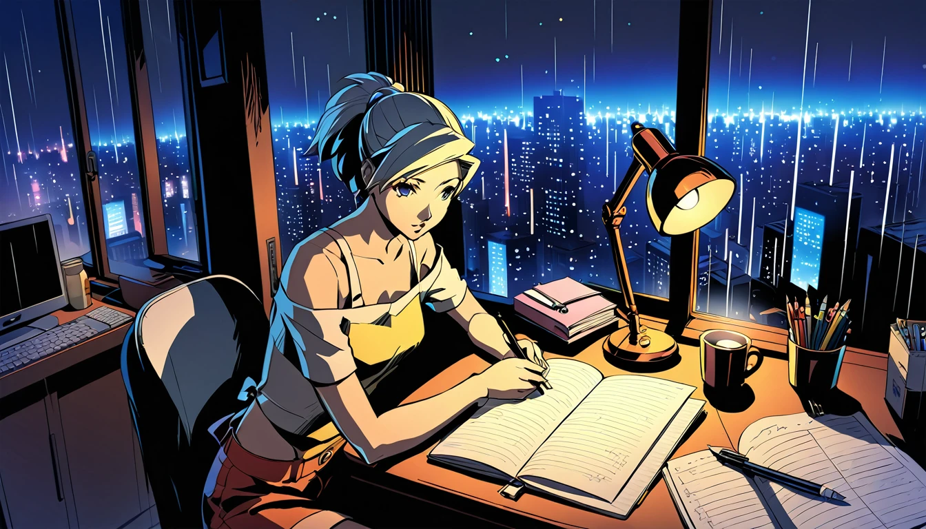 
A nighttime cityscape serves as the backdrop for an anime-style illustration. The scene features a young woman sitting at a desk, writing in a notebook while studying. Rain is falling outside, with droplets visible on the window, and the city lights create a vibrant urban atmosphere. Inside the room, a desk lamp illuminates the woman and her workspace, casting a warm glow. The woman, styled in the characteristic look of manga artist Eguchi Hisashi, has long hair tied back in a ponytail and is dressed in a relaxed, off-shoulder top. She is wearing white headphones, adding a modern touch to her appearance. She is focused on her notebook, writing with a pen. The desk is equipped with various items, including a cup filled with pencils and pens. The overall ambiance reflects a quiet, concentrated nighttime study session, highlighting both the tranquility of the city night and the woman's dedication.