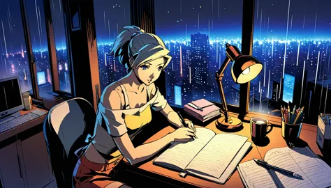 a nighttime cityscape serves as the backdrop for an anime-style illustration. the scene features a young woman sitting at a desk...