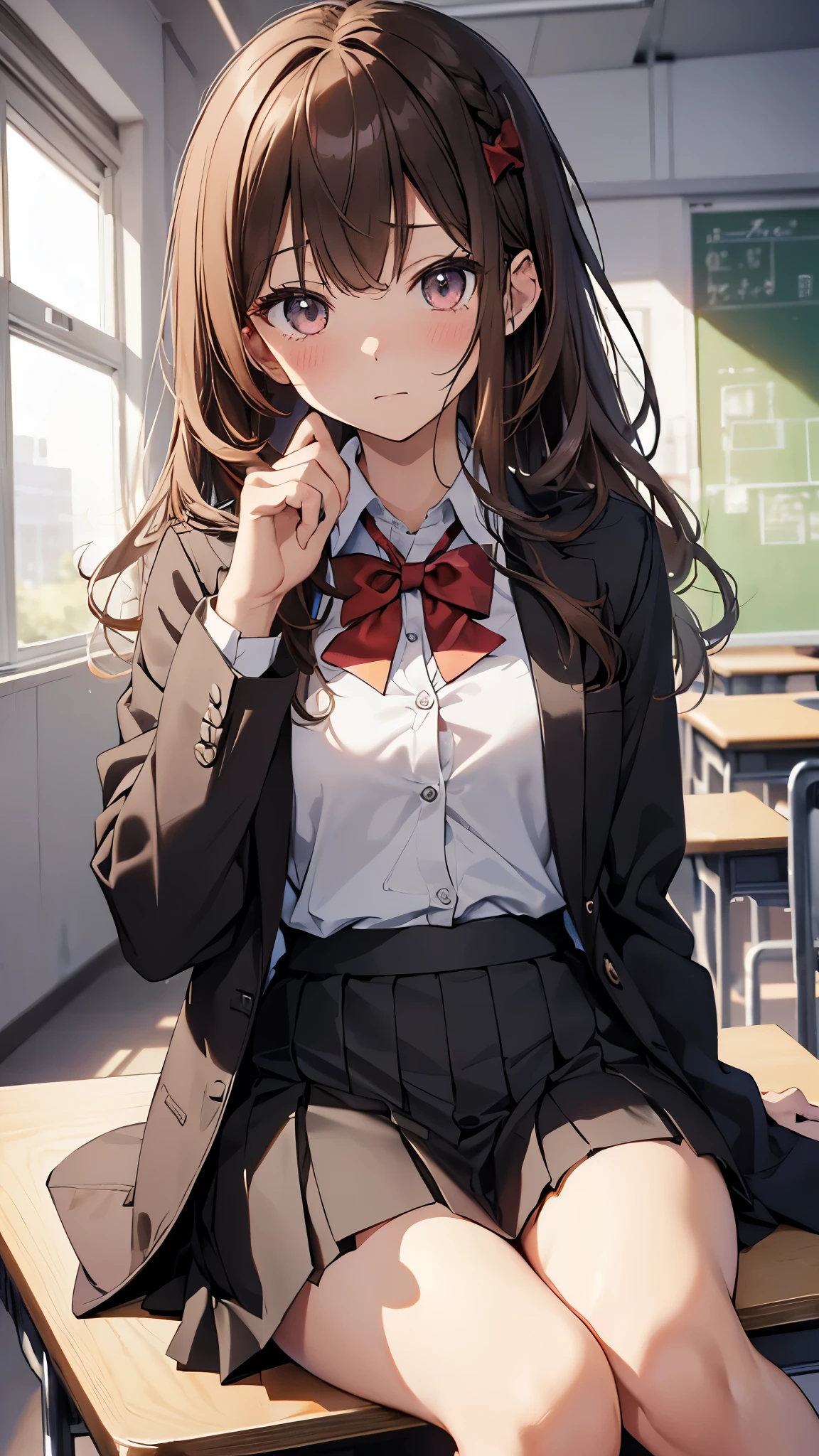 Anime girl sitting cross-legged at a desk in a classroom ((Tabletop, Highest quality, High resolution, Hmph, Pixel perfect, 4K, Hmph, Hmph))), One Girl, single, alone, Beauty、The whole body is visible、 ((Mid-wave hair, bangs, Brown Hair)), ((Brown eyes, Beautiful eyelashes, Realistic eyes)), ((Detailed face, blush:1.2)), ((Smooth texture:0.75, Realistic texture:0.65, Realistic:1.1, Anime CG style)), Medium chest, Dynamic Angle, Perfect body, ((Red bow tie, school uniform, Black jacket, Open jacket, Brown cardigan, White shirt, Black Skirt, Checked skirt、I'm not wearing shoes、White Sox)), An empty classroom、Sit at a desk、Lower&#39;I took my feet off the desk....、evening、、((Angle looking up from below))、Very embarrassing panic smile、(Hold up your skirt with both hands、Spread your legs、Pale yellow floral lace panties)、