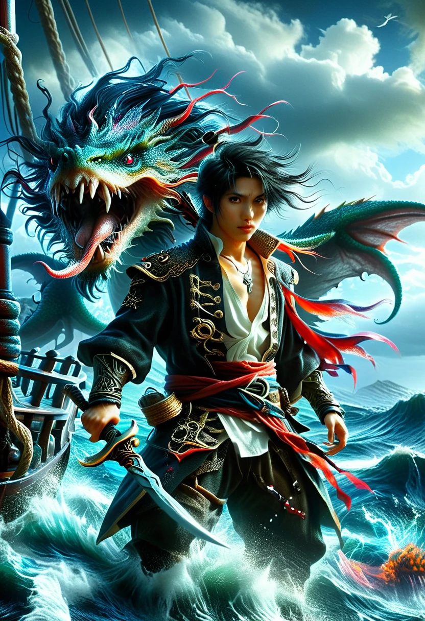 This is a dark fantasy scene.，Depicting a pirate fighting a sea monster on his ship。This person is of Asian descent，The gender is male，Standing bravely on the deck of the ship。He holds a machete，The ship is in tatters，Indicates that there have been countless battles in the past。A terrifying sea monster emerges from the rough sea，Open huge tentacles，Towards the boat and。The whole atmosphere is ominous and frightening.，The sea is rough，Dark clouds overhead。