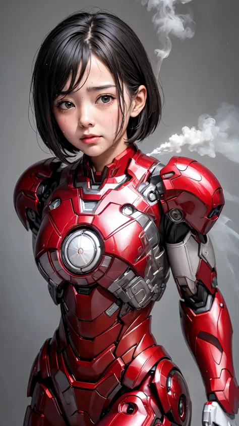 highest quality　8k iron man suit girl　kindergarten girl　sweaty face　cute　short hair　boyish　steam coming from the head　my hair is...