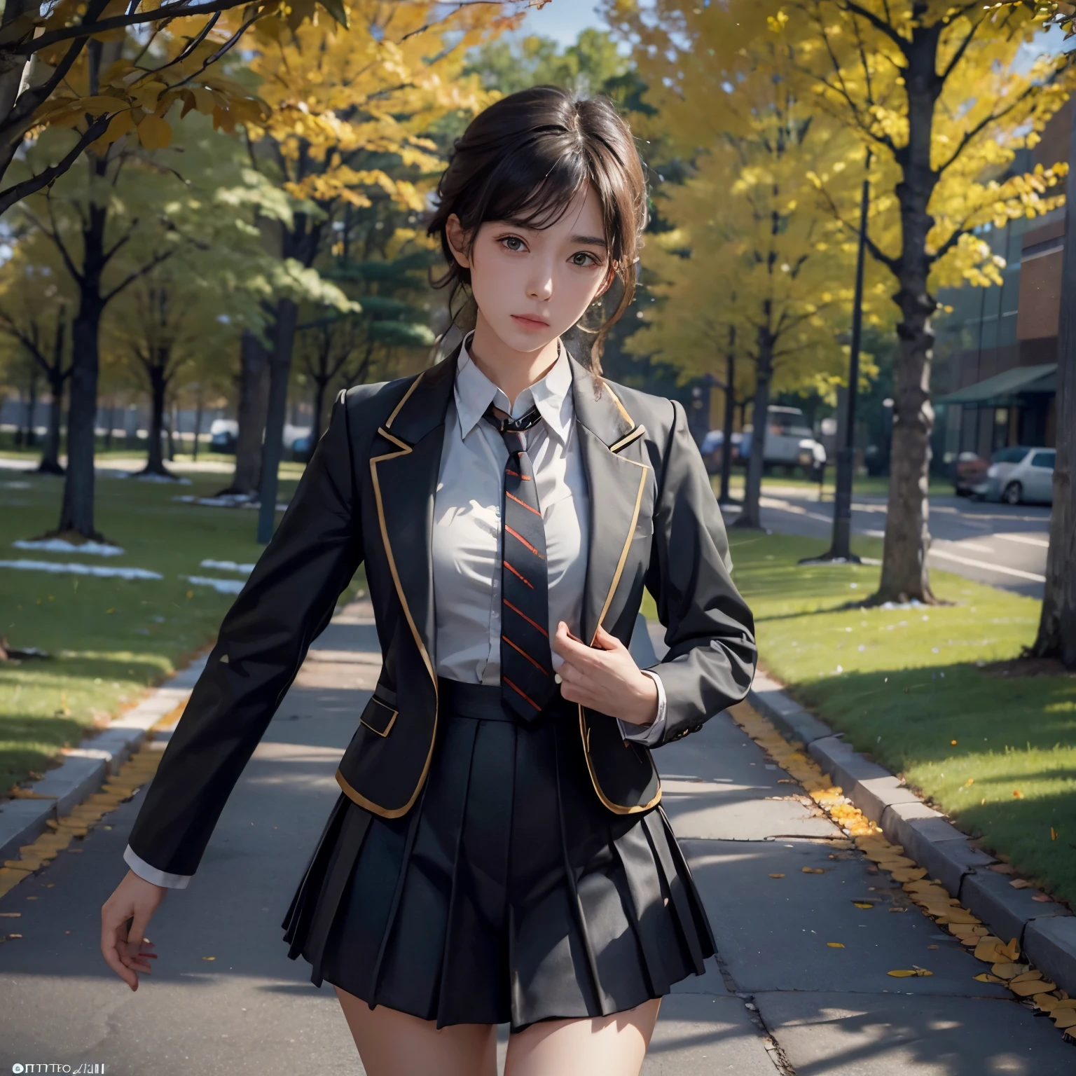 (invisible, no humans, headless, handless, faceless:1.8),cute big breasts, dynamic angle, white shirt, pleated skirt, striped necktie, collared shirt, black jacket, black skirt, long sleeves, bangs, school uniform, black socks, sarashina ruka, (close-up to breasts:1.4), best quality, high resolution, (8k, RAW photo, best quality, masterpiece:1.2), (realistic, photo-realistic:1.37), photon mapping, radiosity, ((Hasselblad photography)), physically-based rendering