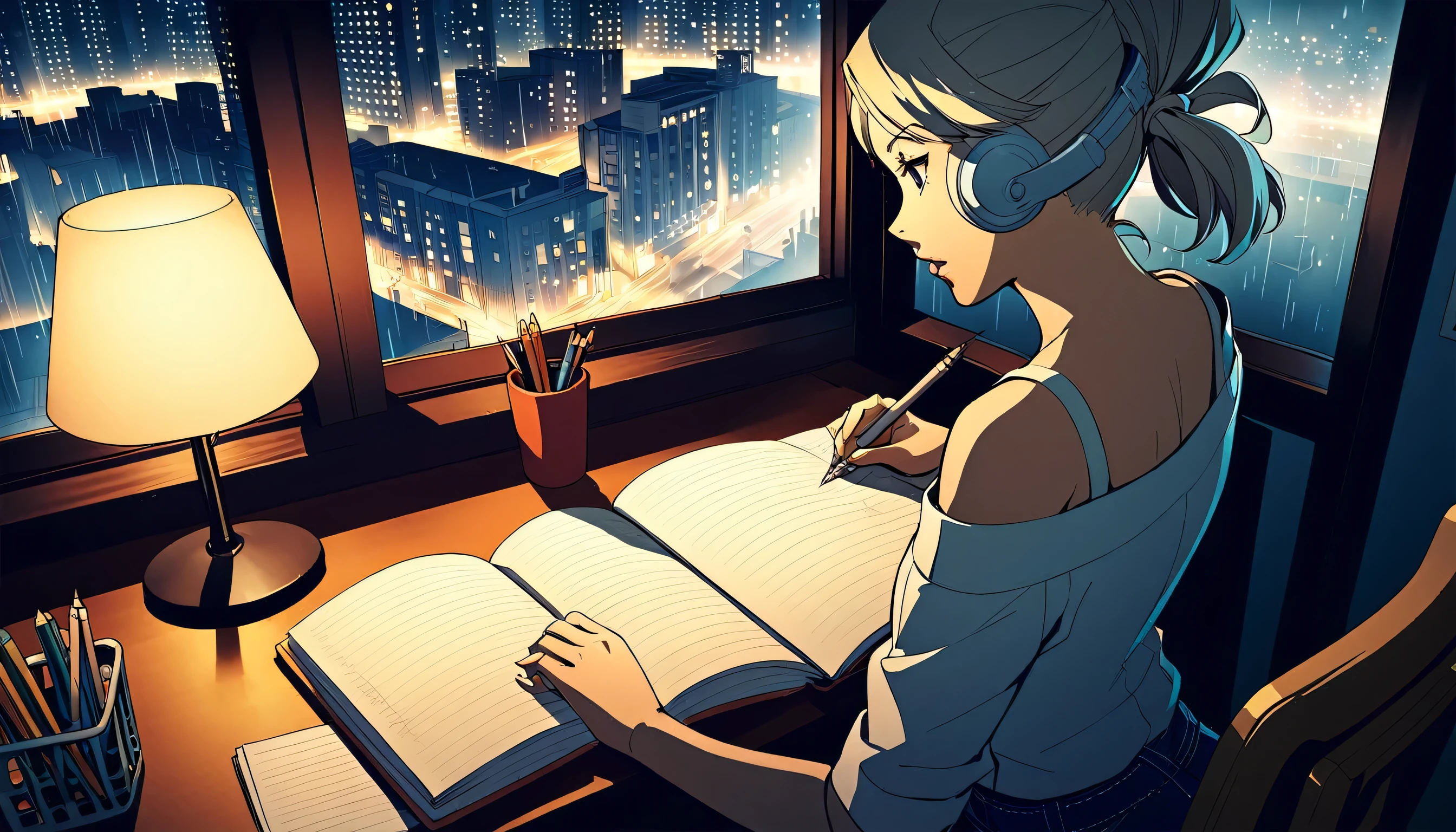 
Uma paisagem urbana noturna serve como pano de fundo para uma ilustração em estilo anime. A cena apresenta uma jovem sentada em uma mesa, escrevendo em um caderno enquanto estuda. Está chovendo lá fora, com gotas visíveis na janela, e as luzes da cidade criam uma atmosfera urbana vibrante. Dentro do quarto, uma luminária de mesa ilumina a mulher e seu espaço de trabalho, lançando um brilho quente. A mulher, estilizado no visual característico do mangaká Eguchi Hisashi, tem cabelos longos presos em um rabo de cavalo e está vestida de forma relaxada, top sem ombro. Ela está usando fones de ouvido brancos, adicionando um toque moderno à sua aparência. Ela está concentrada em seu caderno, Escrevendo com uma caneta. A mesa está equipada com vários itens, incluindo uma xícara cheia de lápis e canetas. A atmosfera geral reflete uma quietude, sessão de estudo noturna concentrada, destacando tanto a tranquilidade da noite da cidade quanto a dedicação da mulher.