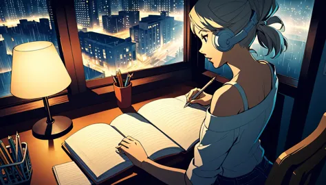 
A nighttime cityscape serves as the backdrop for an anime-style illustration. The scene features a young woman sitting at a des...