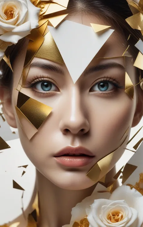 Ultra detailed artistic abstract photography of woman's face (geometrical), golden, white roses, detailed symmetric circular iri...