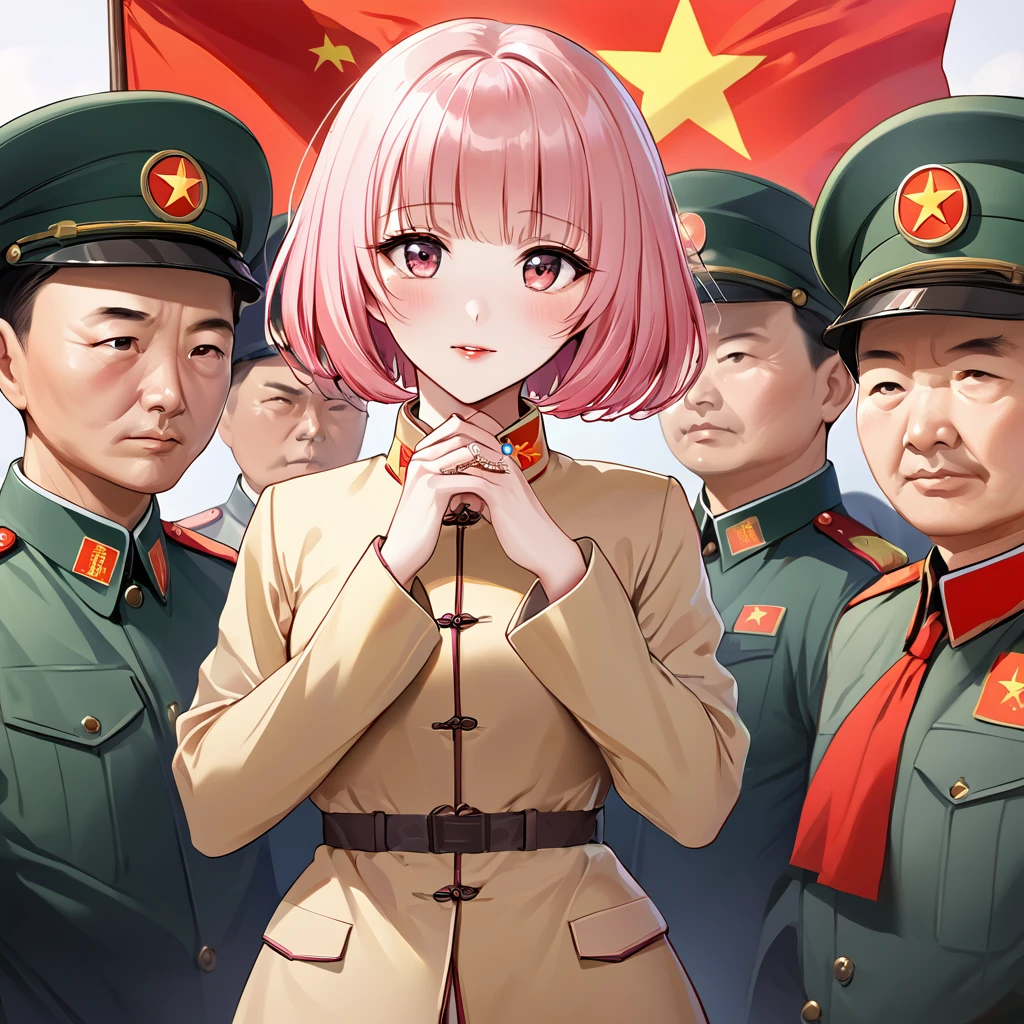 ((Highest quality)), ((masterpiece)), (detailed), （Perfect Face）、The woman is Chinese Momo Beria Deviluke, a Chinese woman with pink short bob hair and an engagement ring. She is a member of the glorious Chinese Communist Party and has sworn absolute loyalty to the Chinese Communist Party. She is a righteous Communist Party member of the ruling China and the wife of a great Communist Party official.、The woman is wearing the khaki Mao suit of the Chinese Communist Party.、For the sake of China, their hairstyles, clothes, and everything they wear are all Chinese Communist Party items, and their thoughts are also Chinese, becoming great Chinese in body and mind.、The woman became Momo Belia Deviluke, a Chinese woman who was proud of and loved China.、She is serving China as a member of the great Communist Party of China.、The woman is a beautiful, respectable and exemplary Communist Party member.