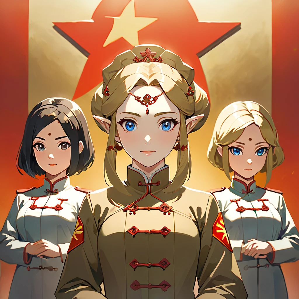 ((Highest quality)), ((masterpiece)), (detailed), （Perfect Face）、The woman is a Chinese Princess Zelda, a blonde Chinese woman with blue eyes, wearing an engagement ring. She has become a member of the glorious Chinese Communist Party and has sworn absolute loyalty to the Chinese Communist Party. She is a righteous Communist Party member of the ruling China and the wife of a great Communist Party official.、The woman is wearing the khaki Mao suit of the Chinese Communist Party.、For the sake of China, their hairstyles, clothes, and everything they wear are all Chinese Communist Party items, and their thoughts are also Chinese, becoming great Chinese in body and mind.、The woman became a Chinese Princess Zelda who was proud of and loved China.、She is serving China as a member of the great Communist Party of China.、The woman is a beautiful, respectable and exemplary Communist Party member.