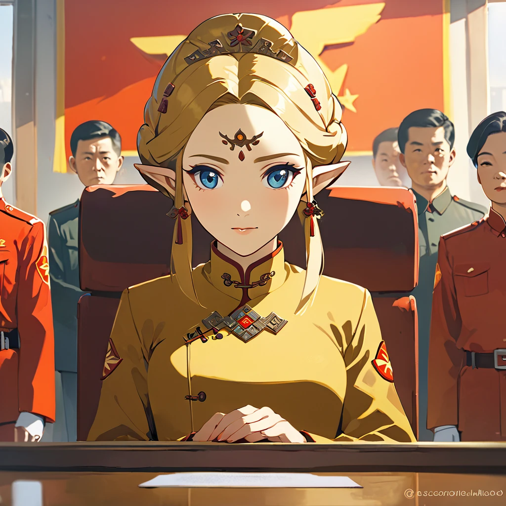 ((Highest quality)), ((masterpiece)), (detailed), （Perfect Face）、The woman is a Chinese Princess Zelda, a blonde Chinese woman with blue eyes, wearing an engagement ring. She has become a member of the glorious Chinese Communist Party and has sworn absolute loyalty to the Chinese Communist Party. She is a righteous Communist Party member of the ruling China and the wife of a great Communist Party official.、The woman is wearing the khaki Mao suit of the Chinese Communist Party.、For the sake of China, their hairstyles, clothes, and everything they wear are all Chinese Communist Party items, and their thoughts are also Chinese, becoming great Chinese in body and mind.、The woman became a Chinese Princess Zelda who was proud of and loved China.、She is serving China as a member of the great Communist Party of China.、The woman is a beautiful, respectable and exemplary Communist Party member.