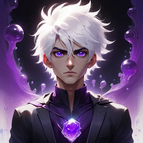 work of art,absurderes,best qualityer,standing alone,1 boy,male focus,jelly portrait,2d,アニメ,white hair, purples eyes,looking at ...