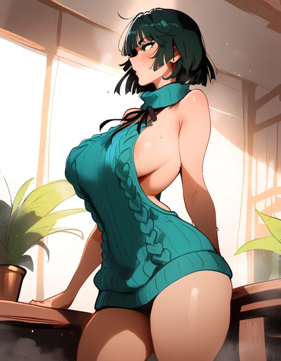 1girl, fubuki \(one-punch man\), one-punch man \\\\\ masterpiece, best quality, newest, , ///// nyantcha, khyle, cutesexyrobutts \\\\\ big breasts, thin waist, sweatdrop, blush, solo, cropped legs, virgin killer sweater, profile, green eyes, 2koma
