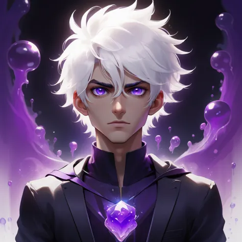 work of art,absurderes,best qualityer,standing alone,1 boy,male focus,jelly portrait,2d,アニメ,white hair, purples eyes,looking at ...