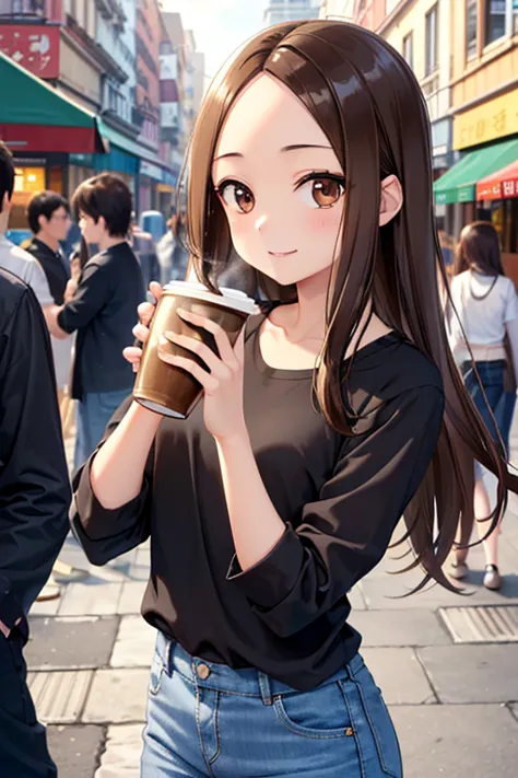 takagi-san、shiny brown hair, straight long hair,((medium chest、forehead、center part))、 美しいbrown eyes、smile、sparkling eyes, (fine...