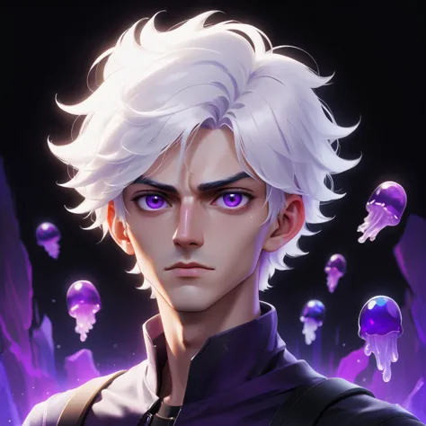 work of art,absurderes,best qualityer,standing alone,1 boy,male focus,jelly portrait,2d,アニメ,white hair, purples eyes,looking at ...